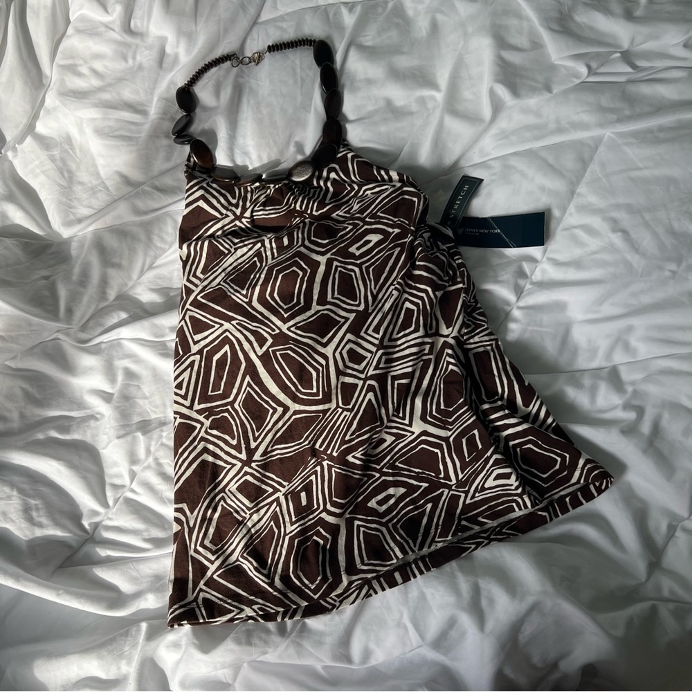 NWT Brown & White Y2K 2000s Beaded Neck Halter Top XL